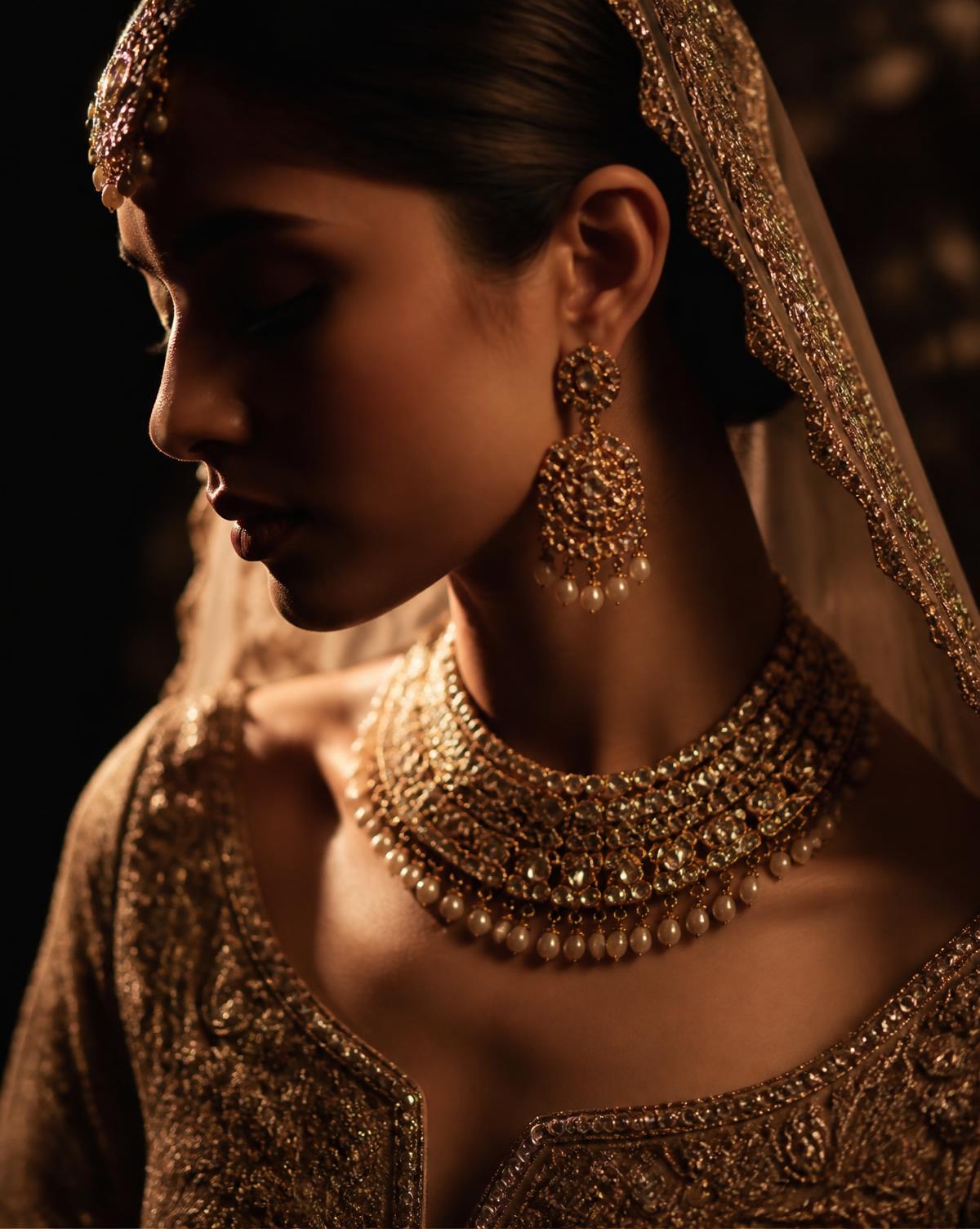 Bride in profile wearing a layered gold bridal necklace and jhumka earrings