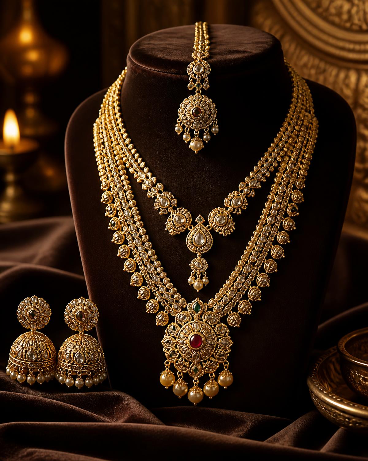 Layered gold bridal set with necklace, jhumka earrings and maang tikka