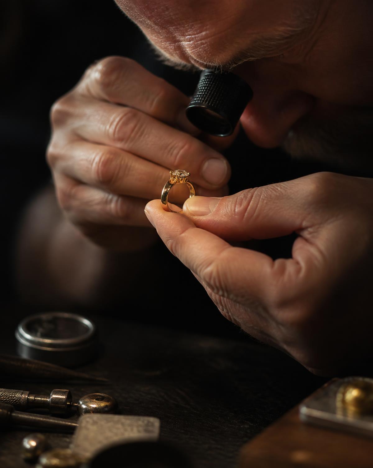 Jeweller examining a gold ring with a loupe at a dark workbench