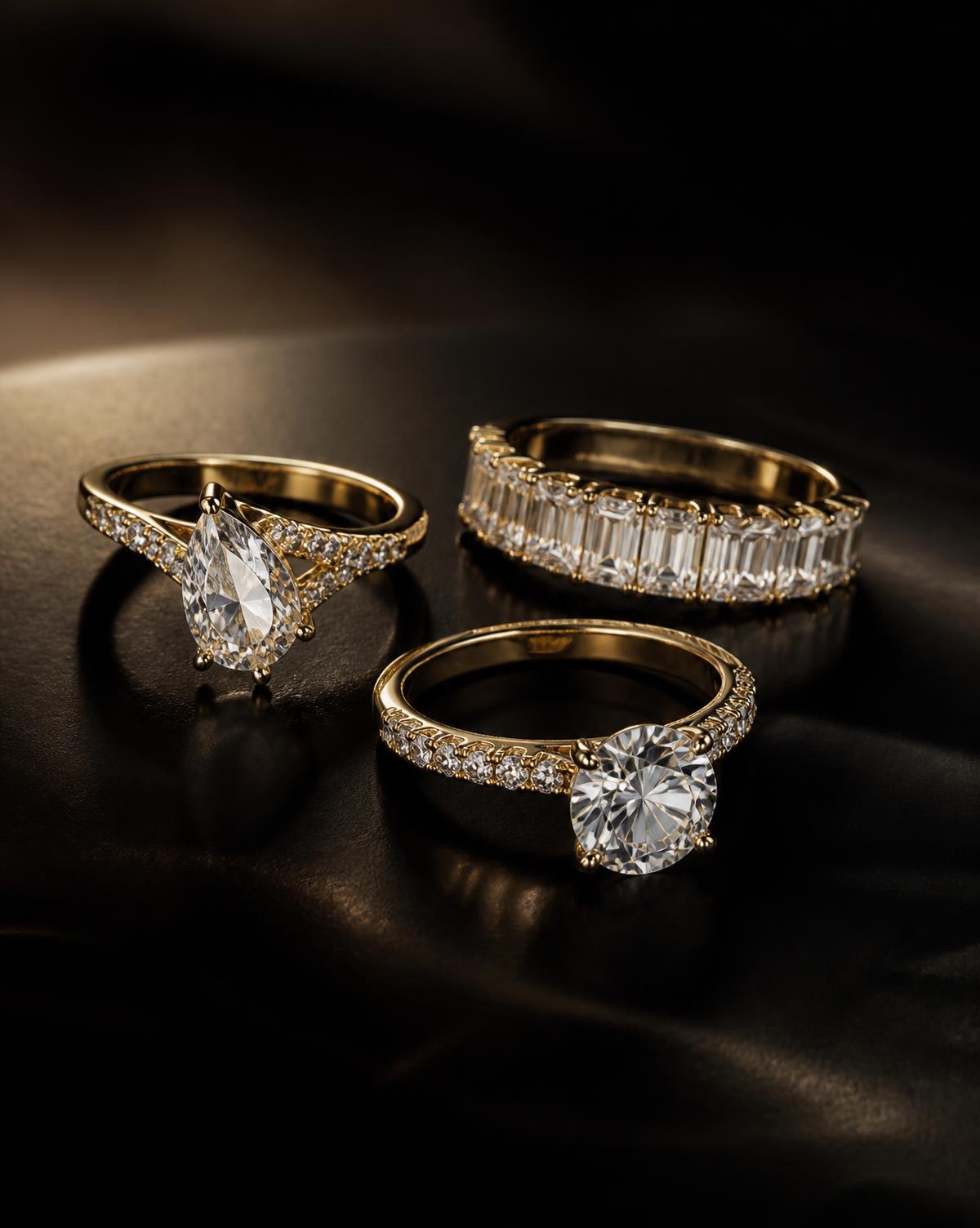 Three gold engagement rings with pear, round and baguette diamonds