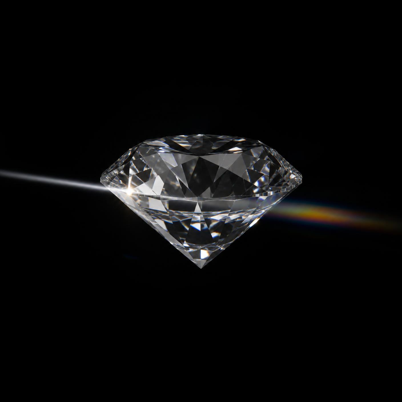 A single brilliant-cut diamond catching one narrow beam of light in the dark