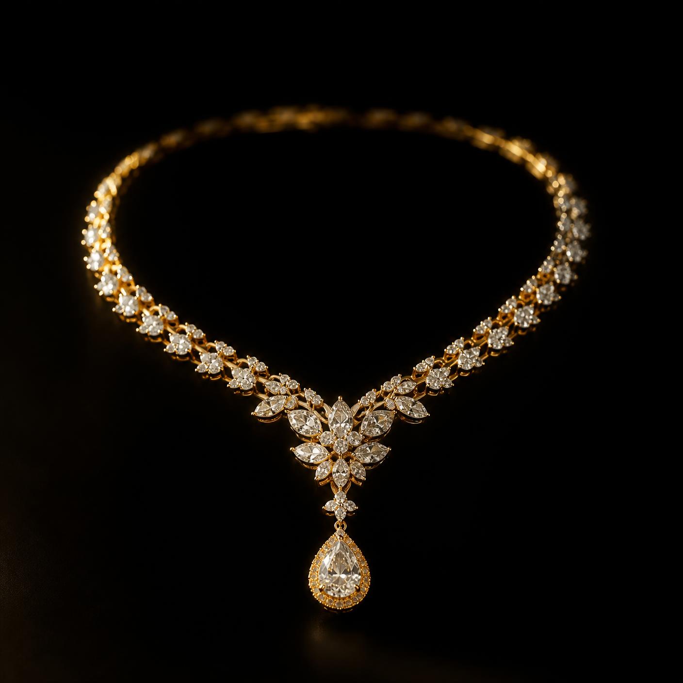 Gold and diamond necklace with a pear-shaped drop pendant on a black background