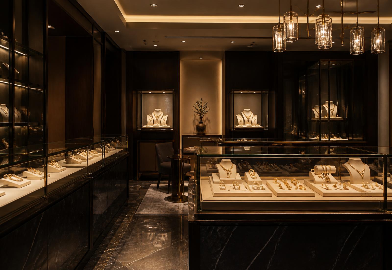 Interior of a softly lit jewellery showroom with gold pieces in glass display cases